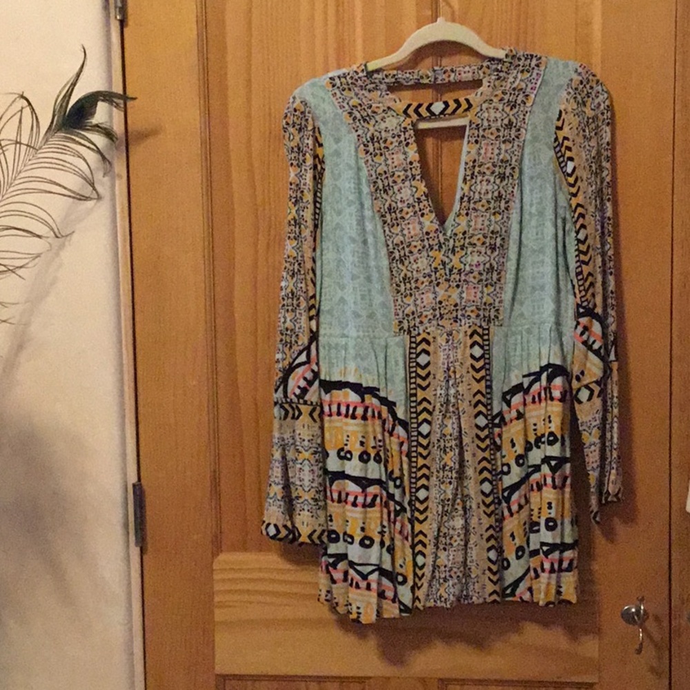 Free People Womens Sz 8 Blue Black Yellow Tegan Border Long Sleeve Mini Dress